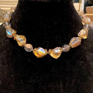 Topaz Iridescent Glass Necklace With Gold Tone Findings Very Chunky and Pretty